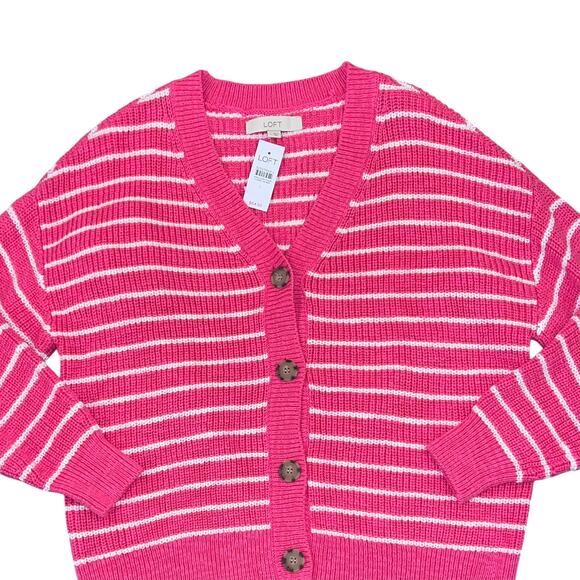 **NWT LOFT Neon Pink & White Striped Relaxed Cardigan Sweater - Picture 5 of 10